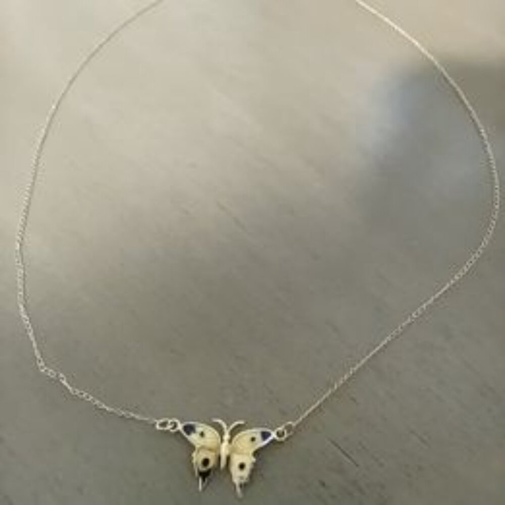 Beautiful Solid 14k Yellow Gold  Blue/Yellow Enamel Butterfly Necklace